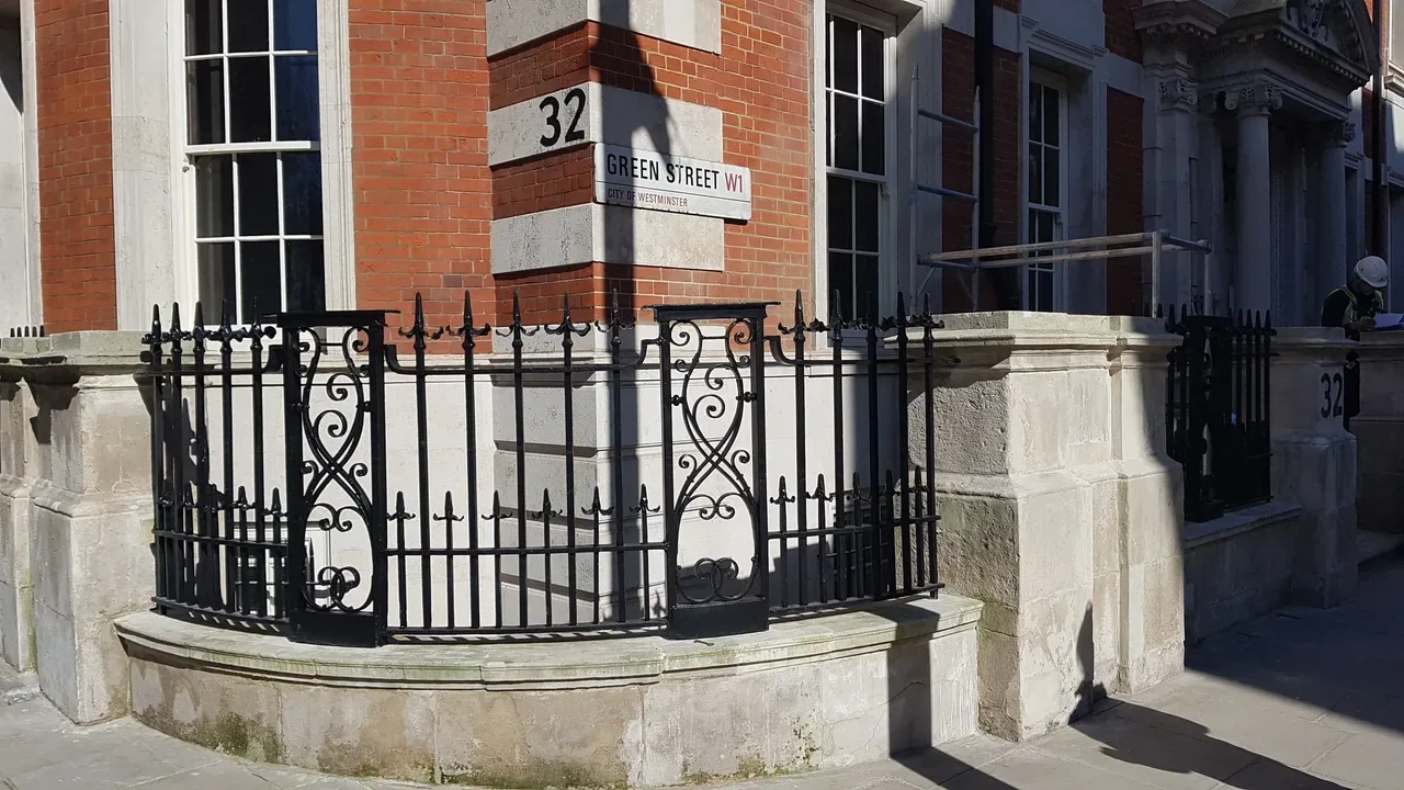 Ornate railings, 32 Green Street, Mayfair, London
